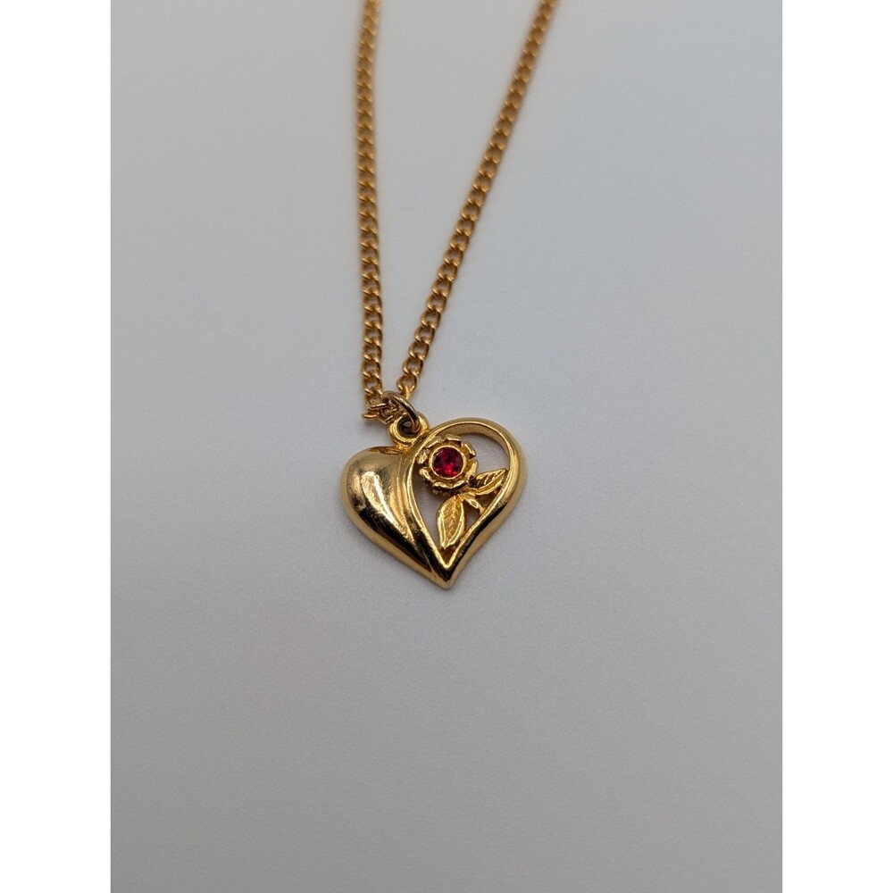 Vintage 90s Necklace Heart Flower Gold Tone Red Rhinestone Pendant Dainty Retro - Picture 6 of 10